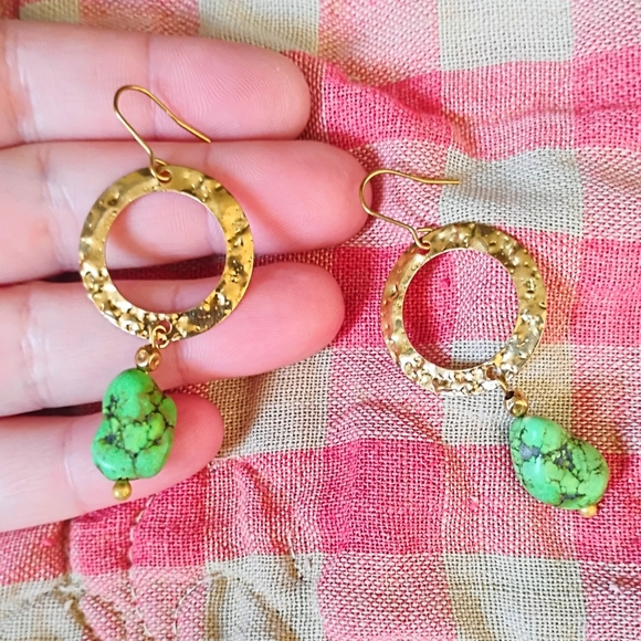 Hammered Green Turquoise Earrings - Picture 2 of 3